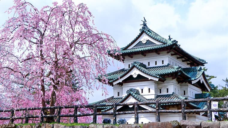 青森県弘前市にある弘前城：青森県弘前市にある弘前城は、江戸時代の天守が唯一東北に残る城で、日本屈指の桜の名所としても有名です。