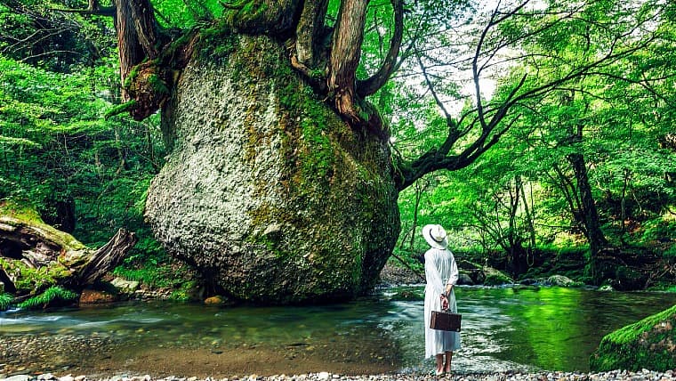 秋田県五城目町のネコバリ岩：秋田県五城目町にある、巨大な岩の上に木々が生い茂る大自然のパワーを感じられるパワースポットです。