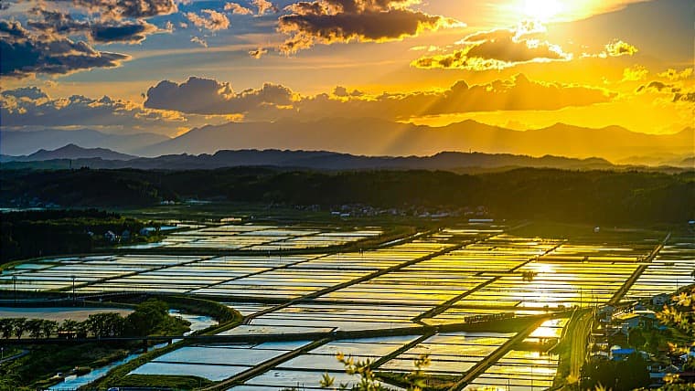 福島県浅川町の夕焼けの水田を走る水郡線：阿武隈の山あいと田園が広がる浅川町。夕焼けに染まる水田を水郡線が駆け抜ける、郷愁あふれる美しい景観です。